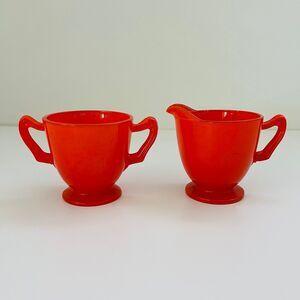 ANCHOR HOCKING FIRE KING Rainbow Primary Red Orange Footed Creamer & Sugar Set